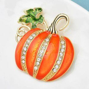 Gold Pumpkin Brooch Rhinestone Enamel Fall Halloween 2 3/4"